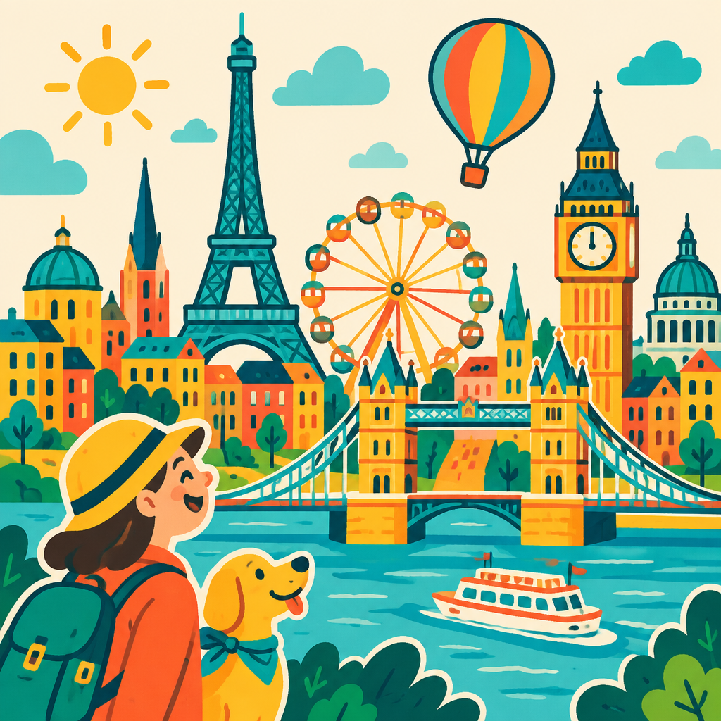 Playful illustration of a traveler admiring a colorful city skyline